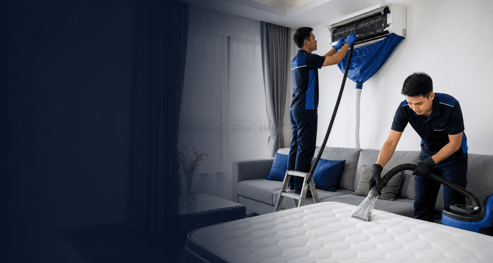 Teknisi Xeina Service membersihkan AC, sofa, dan kasur dengan vacuum tungau